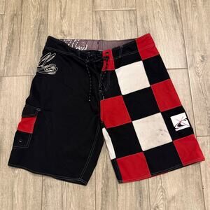 O'Neill Board Shorts Swim Trunks - Size Large Red Black Checked Pattern Surfwear